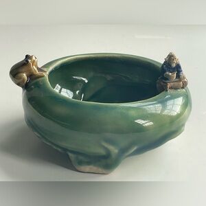 Vintage Majolica Pottery Frog Mudman Planter Bowl Footed Glazed Green Bonzai